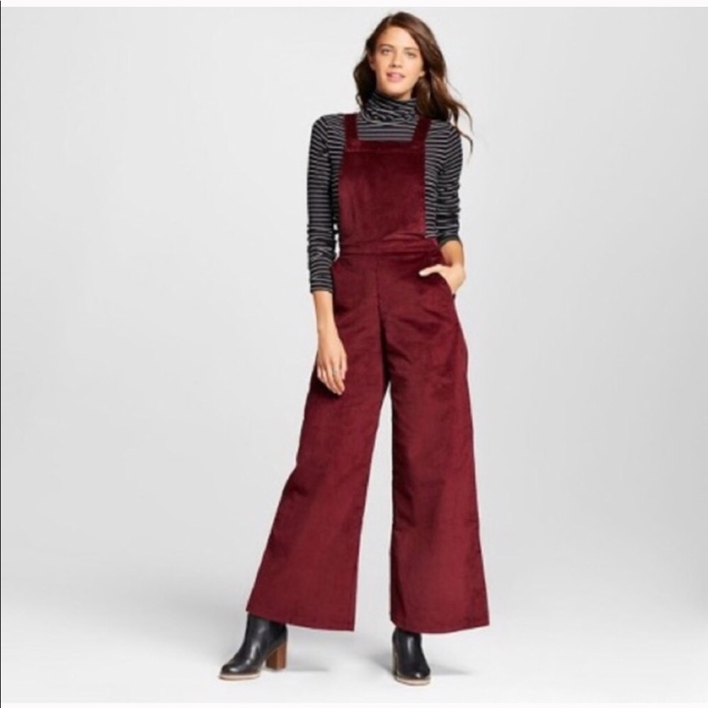 Burgundy corduroy bellbottom overalls